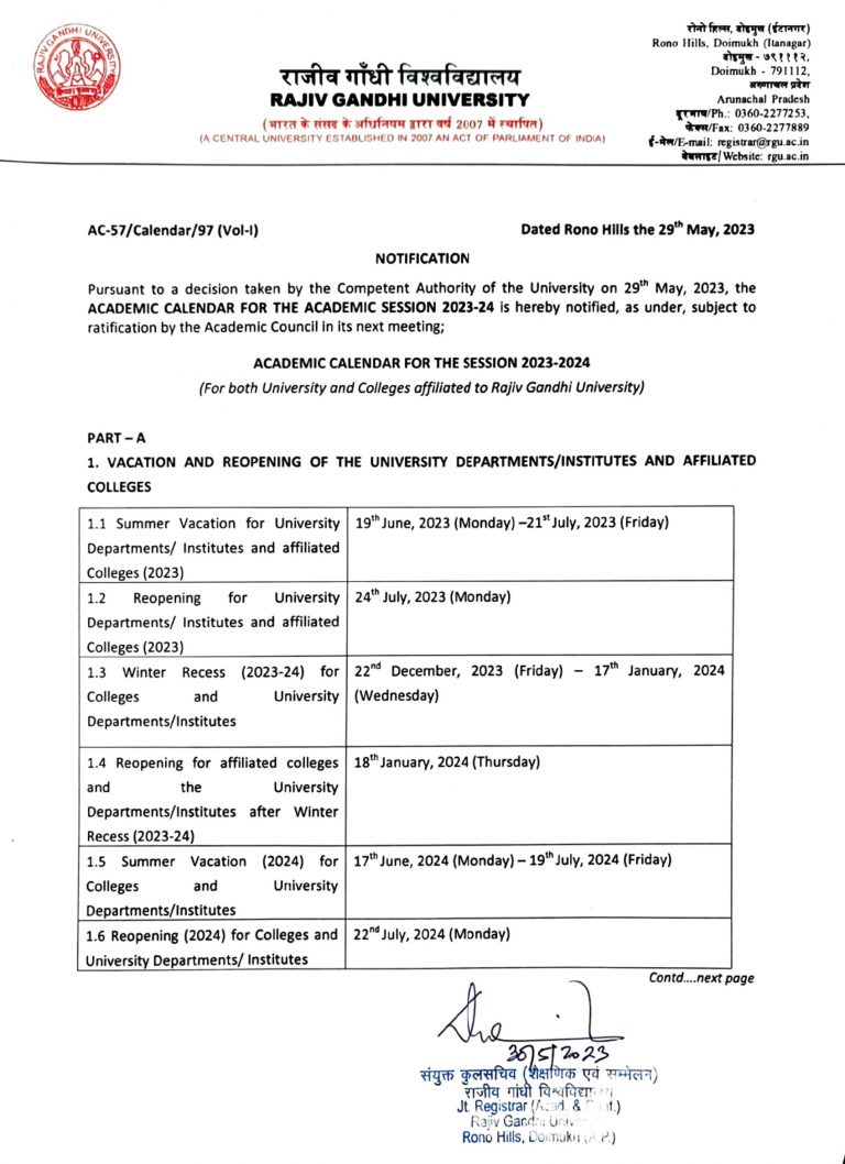 Academic Calendar Rajiv Gandhi University, Arunachal Pradesh